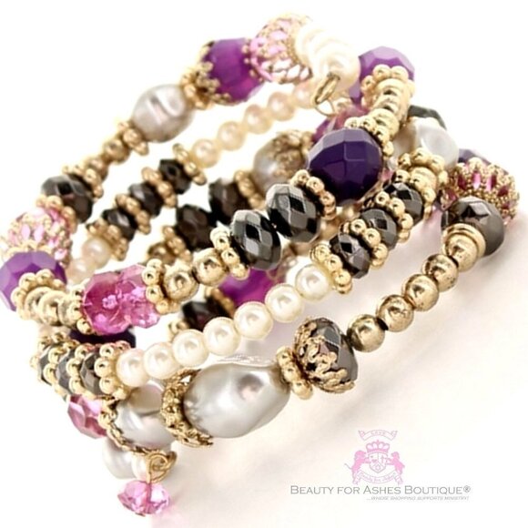 Womens Beaded Ornate Intricate Crystal Chunky PURPLE Adjustable Coil Bracelet - Picture 1 of 3
